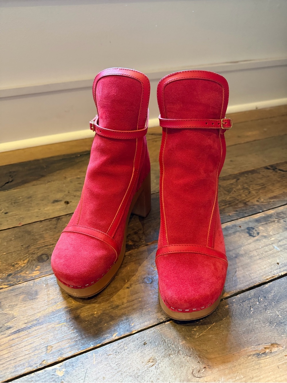 Swedish Hasbeens Bright Red Suede Platform Ankle Boots with Buckle Strap